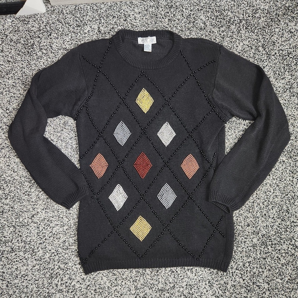 Vtg 90's Kobe Sweater Granny Cottagecore Academia Retro Preppy Black Beaded Med